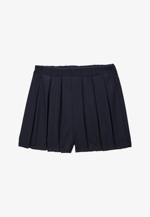 Shorts plissés navy avec une ceinture élastique, fabriqués à partir d'un tissu texturé. Présente plusieurs plis verticaux pour un détail de design supplémentaire.