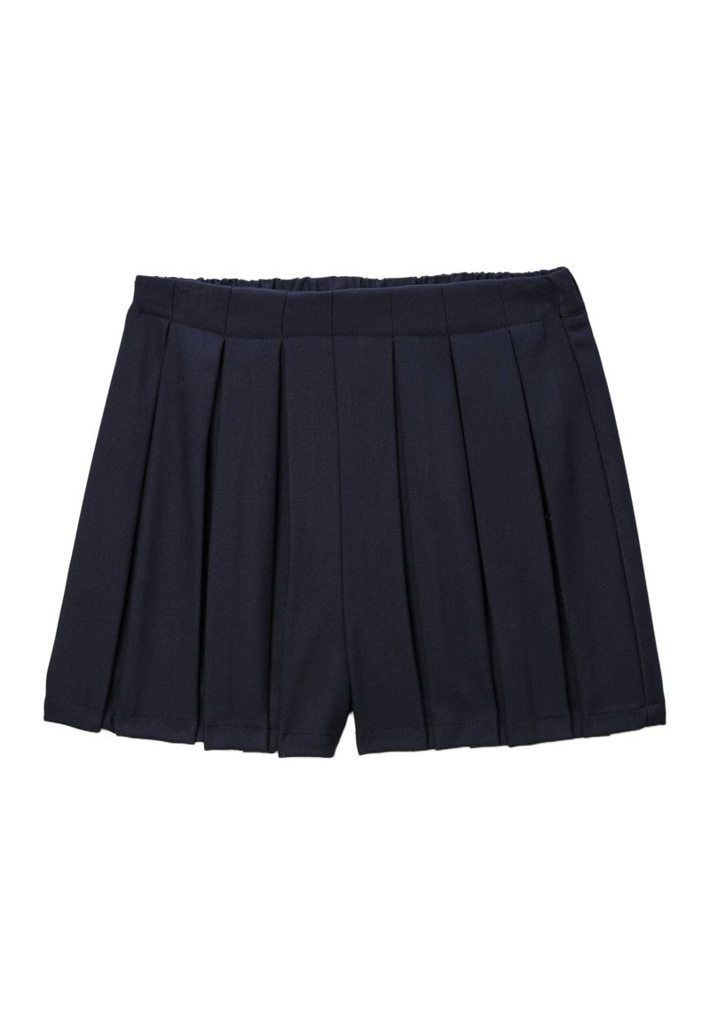 Shorts plissés navy avec une ceinture élastique, fabriqués à partir d'un tissu texturé. Présente plusieurs plis verticaux pour un détail de design supplémentaire.