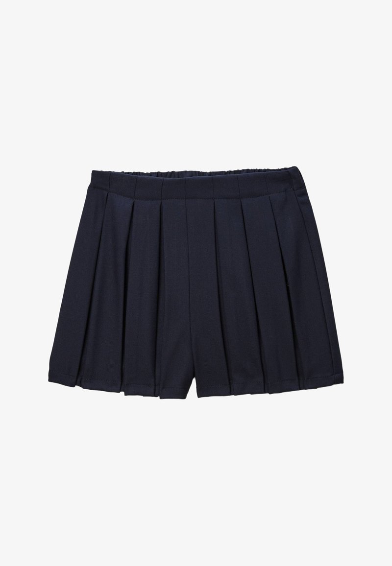 Shorts plissés navy avec une ceinture élastique, fabriqués à partir d'un tissu texturé. Présente plusieurs plis verticaux pour un détail de design supplémentaire.