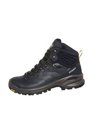 Schwarzer Wanderschuh mit strukturiertem, synthetischem Obermaterial, gepolstertem Knöchelbereich und verstärkter Zehenkappe. Mit gelben Akzenten, robuster Sohle und Schnürverschluss.