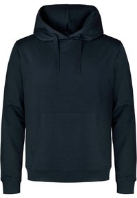 Felpa nera con cappuccio in misto cotone, dotata di tasca frontale a marsupio, cordini e polsini e orlo a costine. Design semplice.