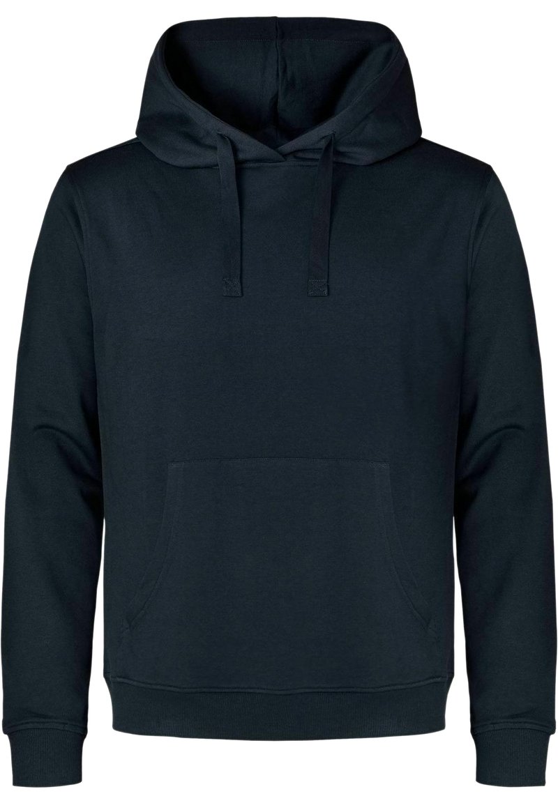 Felpa nera con cappuccio in misto cotone, dotata di tasca frontale a marsupio, cordini e polsini e orlo a costine. Design semplice.