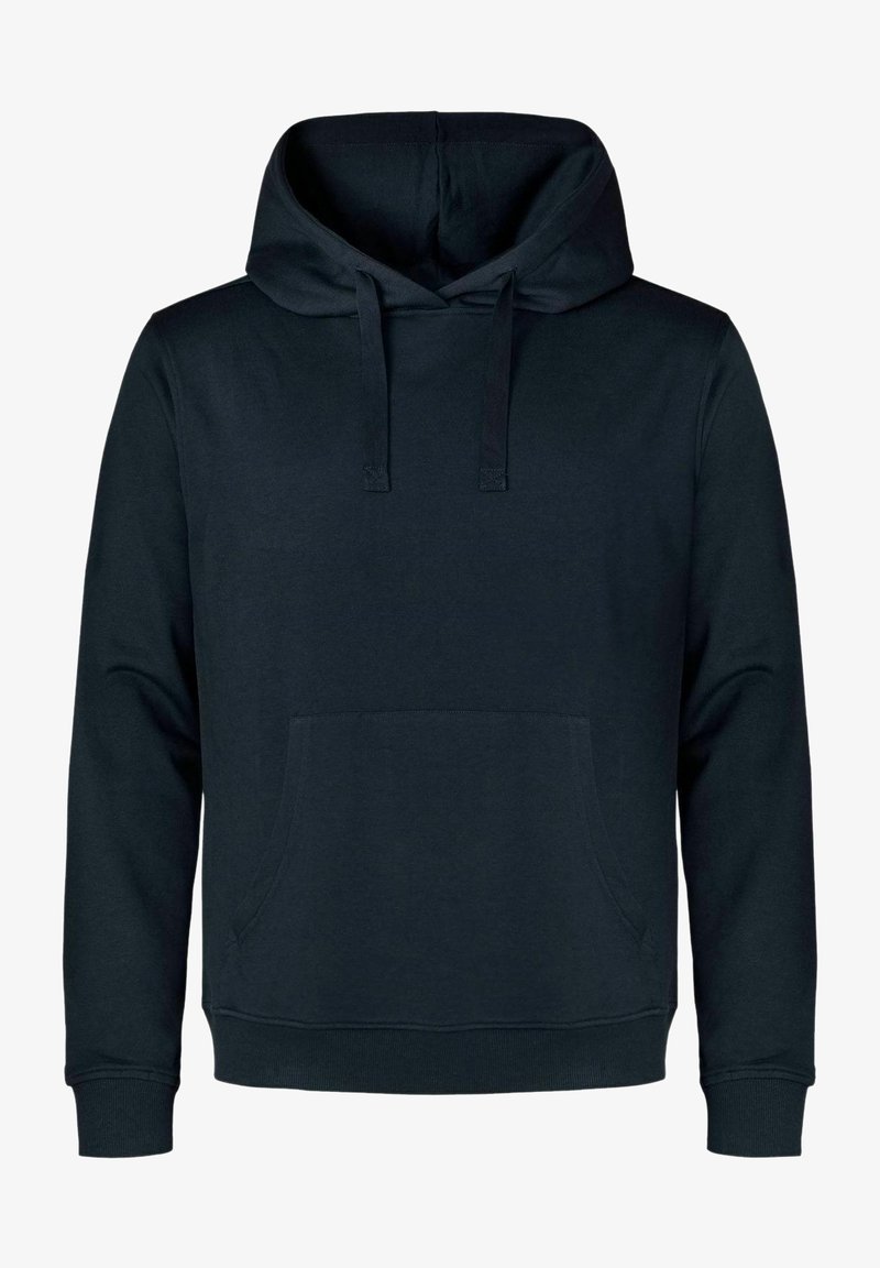 Felpa nera con cappuccio in misto cotone, dotata di tasca frontale a marsupio, cordini e polsini e orlo a costine. Design semplice.