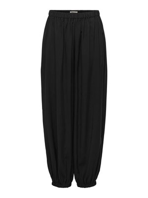 Pantalon noir ample avec taille élastique et bas de jambes élastiques froncés aux chevilles, en tissu léger.