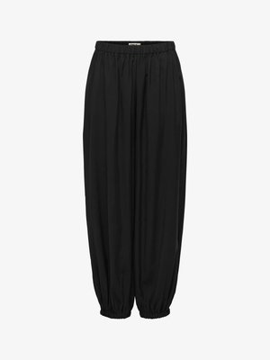 Pantalon noir ample avec taille élastique et bas de jambes élastiques froncés aux chevilles, en tissu léger.