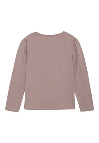 Langärmliges Oberteil aus weichem Mauve-Stoff mit rundem Ausschnitt und gerafften Puffärmeln, glatter Textur und einfachem Schnitt.