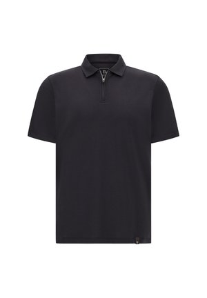 Polo shirt nero in cotone, con mezza zip, maniche corte e un sottile etichetta con logo vicino all'orlo. Texture liscia.
