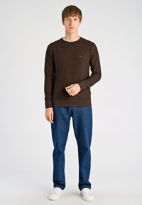 Ruskea, teksturoidusta neuloksesta valmistettu collegepaita pyöreällä pääntiellä. Siinä on timantinmuotoinen kuvio ja resorit hihansuissa. Yhdistetty sinisiin farkkuihin ja valkoisiin tennareihin.