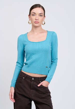 Frau mit braunen Haaren in einem blauen gestrickten Langarmoberteil und schwarzer Hose, stehend mit einer Hand in der Tasche vor einem einfarbigen Hintergrund.