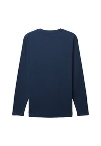 Navy long-sleeve shirt made of textured fabric with a round neckline and straight cut, featuring no visible patterns or accents.