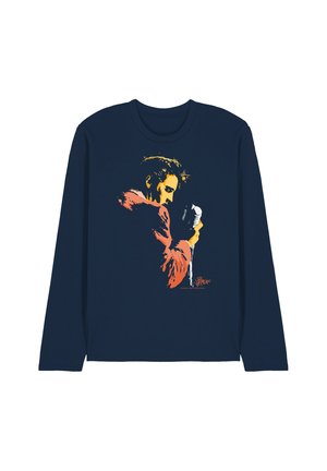 Navy long-sleeve shirt featuring a stylized orange and yellow portrait of a man holding a vintage microphone.