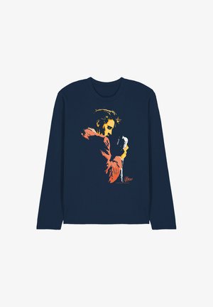Navy long-sleeve shirt featuring a stylized orange and yellow portrait of a man holding a vintage microphone.