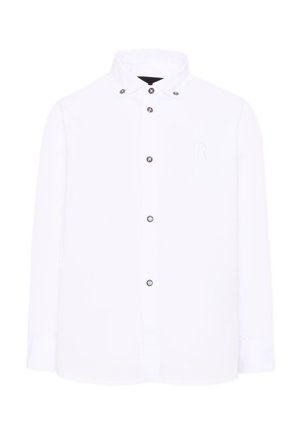 Camicia bianca da uomo a maniche lunghe con colletto button-down e sette bottoni visibili sul davanti su sfondo bianco.