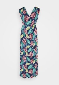 Abito maxi floreale con sfondo navy e foglie multicolori in verde, rosa e giallo. Design a V e vita elastica.