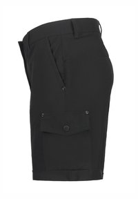 Schwarze Cargo-Shorts aus leichtem Material, mit einer seitlichen Tasche mit Klappe und Druckknopfverschluss, geradem Schnitt und umgeschlagenem Saum.