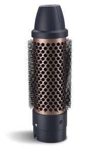 Une brosse à cheveux ronde avec un baril en métal cuivré, des poils noirs et une poignée texturée, comportant des ventilations et un interrupteur à la base.