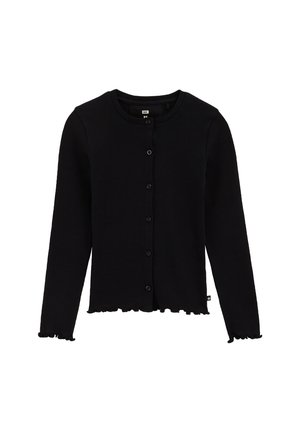 Schwarze Strickjacke mit langen Ärmeln, Rundhalsausschnitt, Knopfverschluss und gerafftem Saum sowie Ärmelabschlüssen. Glatte Textur, lässiges Design.