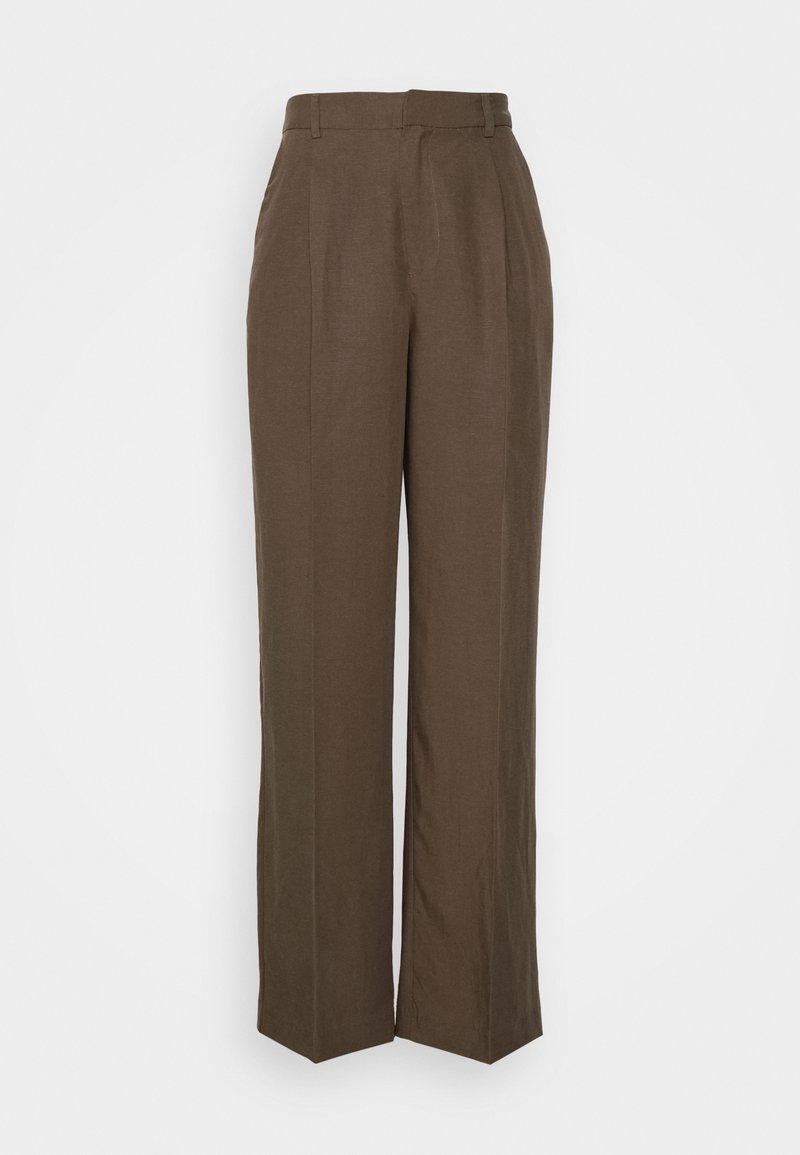 High-waisted, wide-leg trousers in dark olive green fabric. Features front pleats, belt loops, and a clean, tailored design.