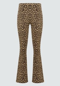 Pantaloni a zampa d'elefante con stampa leopardata in marrone e beige. Realizzati in un tessuto elasticizzato con una consistenza morbida. Presentano un'alta vita per un comfort ottimale.