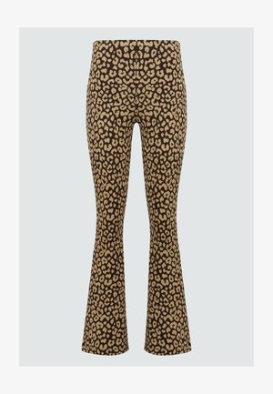 Spodnie w panterkę z rozszerzanymi nogawkami w kolorze brązowym i beżowym. Wykonane z elastycznej tkaniny o miękkiej teksturze. Posiadają wysoką talię dla większego komfortu.