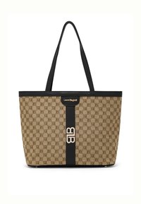 Borsa tote in tela beige con dettagli in pelle nera, motivo geometrico del logo, doppi manici a spalla e ferramenta dorata al centro.