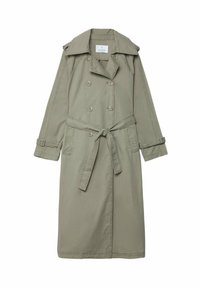 Vaaleanvihreä puuvillatrenssi, jossa on kaksirivinen muotoilu, leveät kaulukset, vyötärönauha ja kaksi sivutaskua.