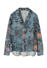 Blouse bleue à manches longues avec un motif floral dans des tons de rose, orange et vert, avec col et ourlet élastique.