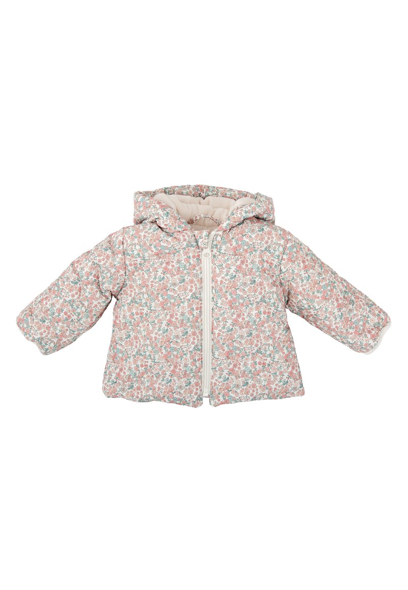 Chaqueta acolchada floral con un fondo rosa claro, decorada con pequeñas flores verdes y coral, con capucha y cierre frontal de cremallera.