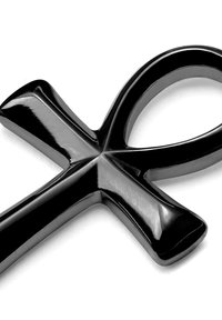 Svart ankh-symbol gjort av polerat material, med en öppen topp och korsform, med släta ytor och reflekterande textur.