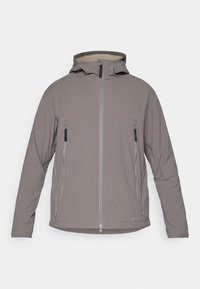 Veste à capuche grise avec fermeture éclair à l'avant, deux poches zippées et une doublure en polaire douce. Présente un design épuré et une texture lisse.