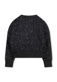 Sweatshirt noir avec un motif texturé de lettres et de formes sombres, design court, et poignets et ourlet côtelés noirs.