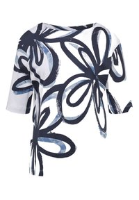 Short-sleeve top in white fabric featuring bold navy and blue floral patterns. Relaxed fit with a curved hem and side tie detail.