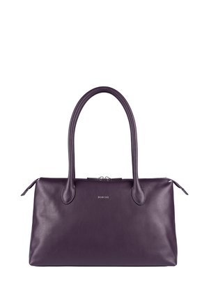 Dunkellila Lederhandtasche mit zwei langen Griffen, einem Reißverschluss und einem kleinen metallischen Logo "ROECKL" in der Mitte vorne.