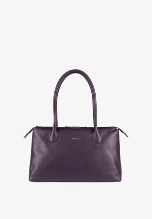 Dark purple leather handbag with two long handles, a zip closure, and small metallic logo "ROECKL" at the center front.