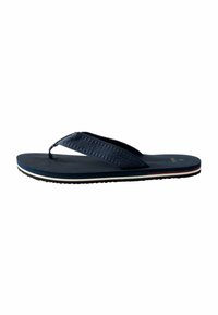 Navy blue flip-flop featuring textured straps, a ridged footbed, and a white and red accent along the sole. Lightweight and flexible design.