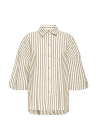 Chemise beige et blanche à rayures verticales avec boutons, larges manches et col classique, présentée sur fond blanc.