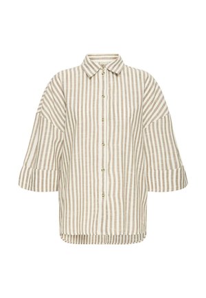 Beeži ja valge vertikaalse triibuga nööbitav särk laia varrukaga ja klassikalise kraega, valgel taustal.