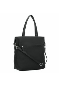 Sac fourre-tout noir en tissu texturé avec deux anses supérieures, une bandoulière amovible et une poche zippée à l'avant.