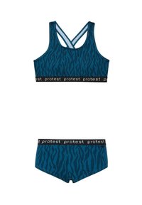 Completo sportivo blu composto da reggiseno e pantaloni corti con motivo a strisce di tigre in blu scuro. Presenta una cintura elastica nera con la scritta "protesta" ripetuta.