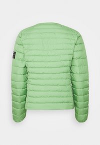 Green puffy jacket featuring a quilted design, a round neckline, and a label on the left shoulder. Smooth texture and fitted shape.