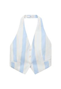 Lahka brezrokavnik v beli barvi z vodoravnimi svetlo modrimi črtami. Ima V-izrez, pet gumbov in stranske žepe. Gladka tekstura tkanine.