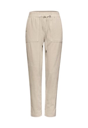 Pantaloni casual beige con elastico in vita, coulisse e tasche applicate frontali, esposti su sfondo bianco.