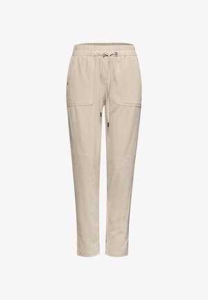 Pantalones casuales beige con cintura elástica, cordón ajustable y bolsillos delanteros de parche, presentados sobre un fondo blanco.