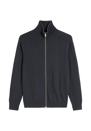 Dark navy zip-up sweater with a high collar, made from soft fabric. Features a sleek zipper and ribbed cuffs for added texture.
