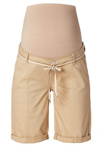 Shorts de maternité beiges avec un ourlet replié, une taille élastique et un cordon blanc. Fabriqués dans un tissu doux avec une texture lisse.