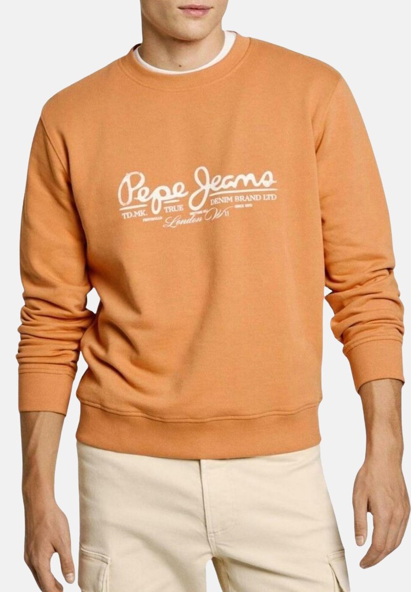 Sweatshirt en coton orange avec logo "Pepe Jeans" blanc, design à col ras du cou, manches longues, et poignets et ourlet côtelés.