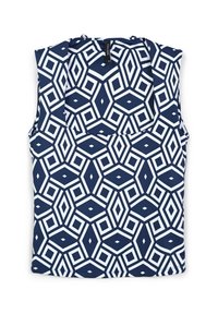 Gilet senza maniche di colore blu navy con un audace motivo geometrico a rombi bianchi, etichettato come taglia piccola, esposto in modo piatto su sfondo bianco.