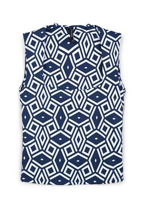 Gilet sans manches bleu marine avec un audacieux motif géométrique en losanges blancs, étiqueté taille petite, présenté à plat sur un fond blanc.