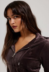 Felpa con zip di colore marrone scuro. Realizzata in morbido tessuto di velour, presenta una tasca frontale, un logo ricamato e un cappuccio con cordino.
