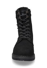 Black suede ankle boot with reinforced eyelets, contrasting white laces, padded collar, rubber sole, and rugged stitching detail.